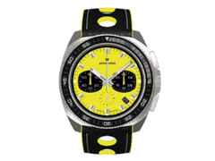 Junghans 1972 Chronoscope FIS Edition Lemon 2023 Quarz Edelstahl 43mm gelbes Zifferblatt gelbes Lederband – Herrenuhren Chronograph aus Edelstahl. Das Gehäuse ist rund und silber. Das Lederarmband ist gelb. Das Zifferblatt ist ein Index in gelb. – Ansicht 2