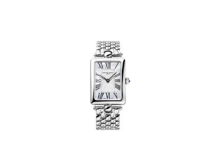 Frederique Constant Classics Art Deco Carree Quarz Edelstahl 28x21mm silbernes Zifferblatt Metallband – Damenuhren Uhr ohne Datum aus Edelstahl. Das Gehäuse ist rechteckig und silber. Das Lederarmband ist silber. Das Zifferblatt ist römisch und silber.