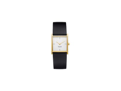 M&M Square Design Quarz Edelstahl IP-Gelbgold 21mm silbernes Zifferblatt schwarzes Lederband – Damenuhren Uhr ohne Datum aus Edelstahl, IP beschichtet und vergoldet. Das Gehäuse ist rechteckig und gelbgold. Das Lederarmband ist schwarz. Das Zifferblatt ist ein Index in silber.