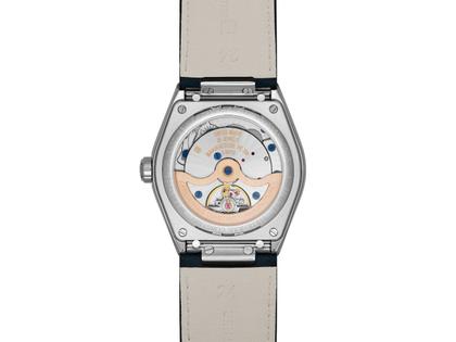 Frederique Constant Highlife Moonphase Date Manufacture Automatik Edelstahl 39mm beiges Zifferblatt Metallband und blaues Lederband – Herrenuhren Uhr mit Datum aus Edelstahl und Leder. Das Gehäuse ist rund und silber. Das Edelstahlarmband ist silber. Das Zifferblatt ist ein Index in beige. – Ansicht 6