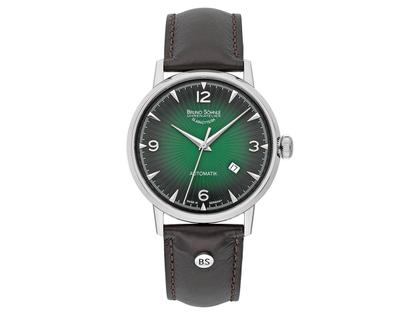 Bruno Söhnle Glashütte Stuttgart II Big Automatik Edelstahl grünes Zifferblatt Lederband – Herrenuhren Uhr mit Datum aus Edelstahl. Das Gehäuse ist rund und silber. Das Lederarmband ist braun. Das Zifferblatt ist arabisch Index und grün.