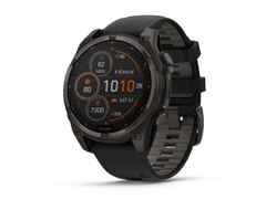 Garmin fenix 8 47mm Sapphire Solar faserverstärktes Polymer Titan carbongrau beschichtet schwarzes Kautschukband – Herrenuhren Uhr Multifunktion aus DLC beschichtet, Kautschuk und Titan. Das Gehäuse ist rund und grau. Das Kautschuk / Kunststoff / Silikon Armband ist schwarz. Das Zifferblatt ist digital und schwarz. – Ansicht 2