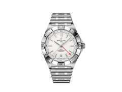 Breitling Chronomat Automatic GMT 40 Edelstahl weißes Zifferblatt Metallband – Herrenuhren Uhr mit Datum aus Edelstahl. Das Gehäuse ist rund und silber. Das Edelstahlarmband ist silber. Das Zifferblatt ist ein Index in weiß.