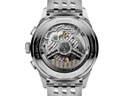 Breitling Premier B01 Chronograph 42 Automatik Edelstahl grünes Zifferblatt Metallband – Herrenuhren Chronograph aus Edelstahl. Das Gehäuse ist rund und silber. Das Edelstahlarmband ist silber. Das Zifferblatt ist arabisch und grün. – Ansicht 4
