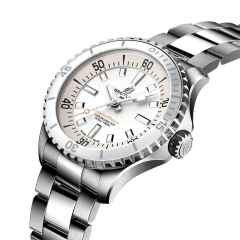 Breitling Superocean Automatic 36 Edelstahl weißes Zifferblatt Metallband – Damenuhren Uhr ohne Datum aus Edelstahl und Keramik. Das Gehäuse ist rund und silber. Das Edelstahlarmband ist silber. Das Zifferblatt ist ein Index in weiß. – Ansicht 3