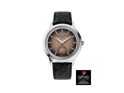 Frederique Constant Classics Moneta Handaufzug Edelstahl 38,5mm braunes Zifferblatt schwarzes Lederband limitiert – Herrenuhren Uhr ohne Datum aus Edelstahl und Leder. Das Gehäuse ist rund und silber. Das Lederarmband ist schwarz. Das Zifferblatt ist ein Index in braun. – Ansicht 2