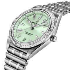 Breitling Chronomat Automatic 36 Edelstahl grünes Zifferblatt mit Brillanten Metallband – Damenuhren Uhr mit Datum aus Edelstahl. Das Gehäuse ist rund und silber. Das Edelstahlarmband ist silber. Das Zifferblatt ist ein Index in grün. – Ansicht 3