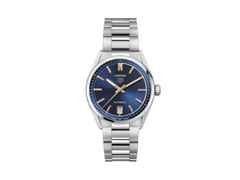 TAG Heuer Carrera Date Automatik Edelstahl 36mm blaues Zifferblatt Metallband – Damenuhren Uhr mit Datum aus Edelstahl. Das Gehäuse ist rund und silber. Das Edelstahlarmband ist silber. Das Zifferblatt ist ein Index in blau.