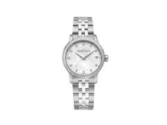 Maurice Lacroix 1975 Quarz Edelstahl 33mm silberfarbenes Perlmutt-Zifferblatt mit Brillanten Metallband – Damenuhren Uhr mit Datum aus Edelstahl. Das Gehäuse ist rund und silber. Das Edelstahlarmband ist silber. Das Zifferblatt ist ein Index in silber.