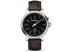 MeisterSinger Bell Hora Edelstahl schwarzes Zifferblatt mit goldenen Ziffern braunes Lederband – Herrenuhren Uhr ohne Datum aus Edelstahl. Das Gehäuse ist rund und silber. Das Lederarmband ist braun. Das Zifferblatt ist arabisch und schwarz.