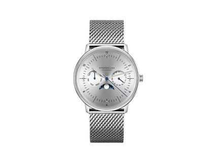 Sternglas Naos Mondphase Quarz Edelstahl 38mm silbernes Zifferblatt Metallband – Herrenuhren Uhr mit Datum aus Edelstahl. Das Gehäuse ist rund und silber. Das Edelstahlarmband ist silber. Das Zifferblatt ist ein Index in silber.
