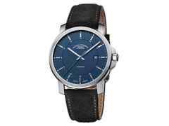 Mühle Glashütte 29er Casual Automatik Edelstahl 42,4mm blaues Zifferblatt beiges Canvasband – Herrenuhren Uhr mit Datum aus Edelstahl und Leder. Das Gehäuse ist rund und silber. Das Textilarmband ist grau. Das Zifferblatt ist ein Index in blau. – Ansicht 3