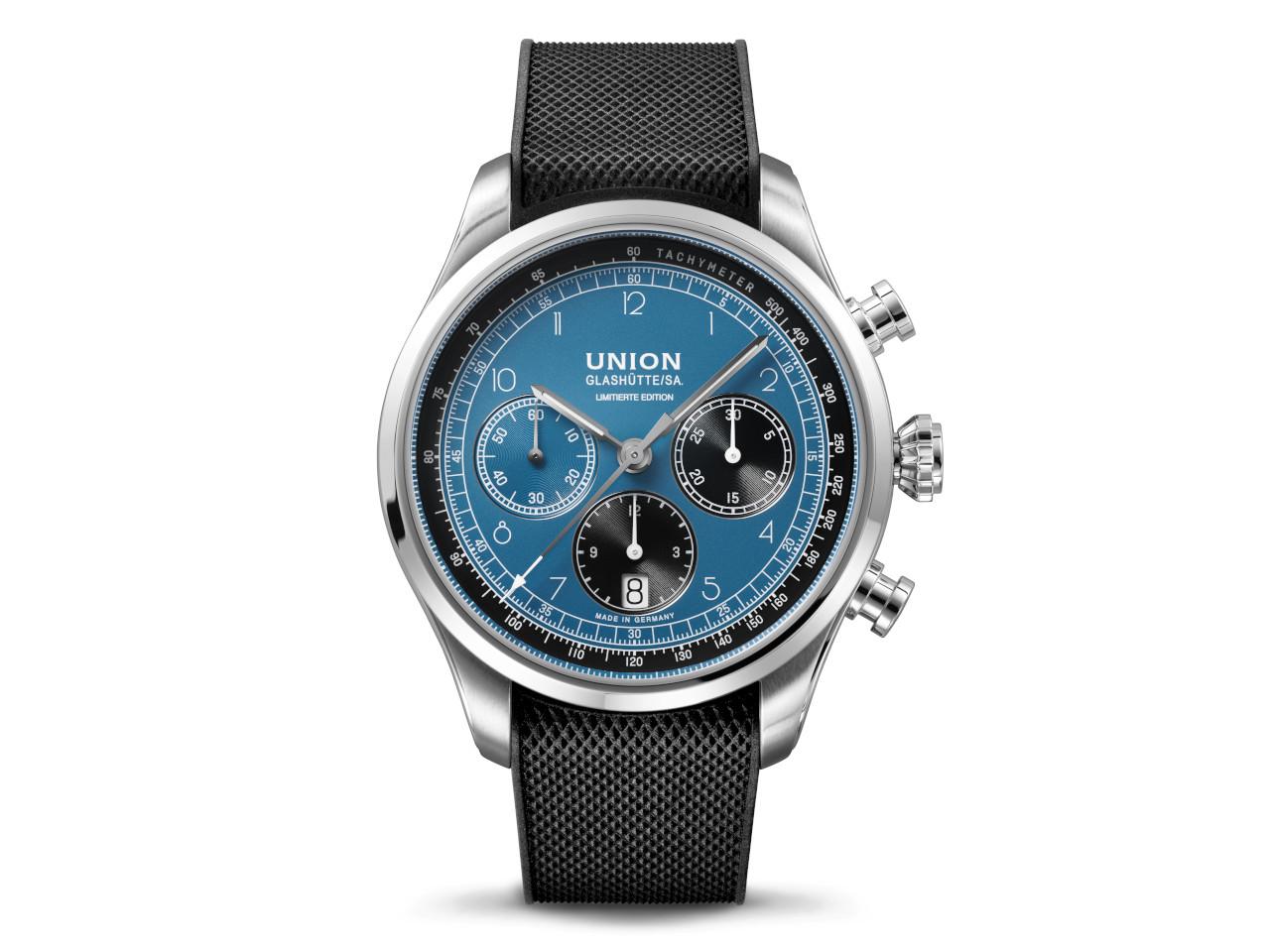 Union Glashütte Belisar Chronograph Speedster Limited Edition 2023 – Herrenuhren Chronograph aus Edelstahl. Das Gehäuse ist rund und silber. Das Edelstahlarmband ist silber. Das Zifferblatt ist arabisch Index und blau. – Ansicht 2