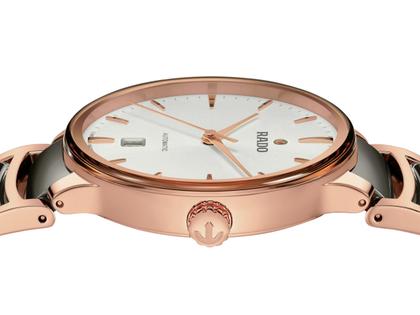 Rado Centrix Automatik Edelstahl Roségold-PVD 39,5mm weißes Zifferblatt Metallband – Herrenuhren Uhr mit Datum aus Edelstahl, Keramik und PVD beschichtet. Das Gehäuse ist rund und roségold. Das Keramikarmband ist grau. Das Zifferblatt ist ein Index in weiß. – Ansicht 3