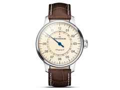 MeisterSinger Perigraph elfenbein, 43mm – Herrenuhren Uhr mit Datum aus Edelstahl. Das Gehäuse ist rund und silber. Das Lederarmband ist braun. Das Zifferblatt ist arabisch und beige.