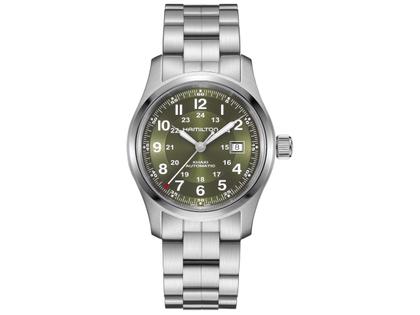 Herrenuhren Uhr ohne Datum aus Edelstahl. Das Gehäuse ist rund und silber. Das Edelstahlarmband ist silber. Das Zifferblatt ist arabisch und grün.