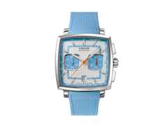 Union Glashütte Averin Chronograph Automatik Edelstahl 41mm weißes Zifferblatt blaues Kautschukband und blaues Lederband – Herrenuhren Chronograph aus Edelstahl, Kautschuk und Leder. Das Gehäuse ist quadratisch und silber. Das Lederarmband ist blau. Das Zifferblatt ist ein Index in weiß.