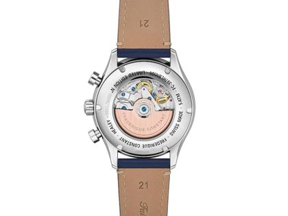 Frederique Constant Classics Vintage Rally Healey Chronograph Automatik Edelstahl 42mm blaues Zifferblatt blaues Lederband limitiert – Herrenuhren Chronograph aus Edelstahl und Leder. Das Gehäuse ist rund und silber. Das Lederarmband ist blau. Das Zifferblatt ist arabisch Index und blau. – Ansicht 2
