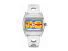 UMF Ruhla Scheibenuhr Automatik mit springender Stunde Edelstahl 41mm  Final Edition oranges Zifferblatt weißes Lederband limitiert – Herrenuhren Uhr ohne Datum aus Edelstahl und Leder. Das Gehäuse ist tonneauform und silber. Das Lederarmband ist rot. Das Zifferblatt ist digital und rot. – Ansicht 3