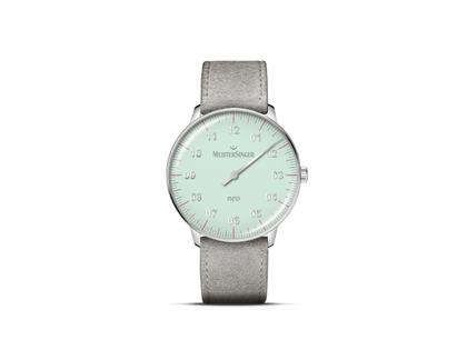 MeisterSinger Neo Special Automatik Edelstahl 36mm hellgrünes Zifferblatt graues Lederband – Damenuhren Uhr ohne Datum aus Edelstahl und Leder. Das Gehäuse ist rund und silber. Das Lederarmband ist grau. Das Zifferblatt ist arabisch und grün.