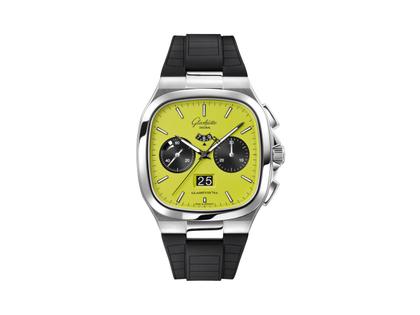 Glashütte Original Seventies Chronograph Panoramadatum Fusion Limited Edition Automatik Edelstahl 40mm grünes Zifferblatt schwarzes Kautschukband – Herrenuhren Chronograph aus 585 Weißgold und Edelstahl. Das Gehäuse ist quadratisch und silber. Das Kautschuk / Kunststoff / Silikon Armband ist schwarz. Das Zifferblatt ist ein Index in grün.