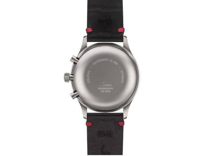 Sinn Spezialuhren 156.1 Fliegerchronograph Automatik Edelstahl 43mm schwarzes Zifferblatt schwarzes Lederband – Herrenuhren Chronograph aus Edelstahl. Das Gehäuse ist rund und silber. Das Lederarmband ist schwarz. Das Zifferblatt ist arabisch und schwarz. – Ansicht 2