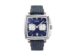 Union Glashütte Averin Chronograph Automatik Edelstahl 41mm blaues Zifferblatt blaues Kautschukband blaues Lederband – Herrenuhren Chronograph aus Edelstahl, Kautschuk und Leder. Das Gehäuse ist quadratisch und silber. Das Lederarmband ist grau. Das Zifferblatt ist ein Index in blau. – Ansicht 2