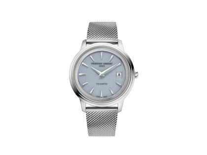 Frederique Constant Classics Moneta Solarmetre Quarz Edelstahl 39mm blaues Zifferblatt blaues Lederband und Metallband – Herrenuhren Uhr mit Datum aus Edelstahl. Das Gehäuse ist rund und silber. Das Lederarmband ist blau. Das Zifferblatt ist ein Index in blau. – Ansicht 2
