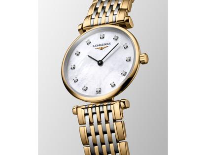 Longines La Grande Classique Quarz Edelstahl Gelbgold-PVD 24mm weißes Perlmutt-Zifferblatt mit Diamanten Metallband – Damenuhren Uhr ohne Datum aus Edelstahl und PVD beschichtet. Das Armband ist ein Edelstahlarmband. Der Zifferblatt ist ein Index. – Ansicht 3