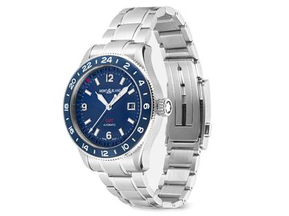 Montblanc 1858 GMT blau Edelstahlband – Herrenuhren Uhr mit Datum aus Edelstahl und Keramik. Das Gehäuse ist rund und silber. Das Edelstahlarmband ist silber. Das Zifferblatt ist arabisch Index und blau. – Ansicht 2