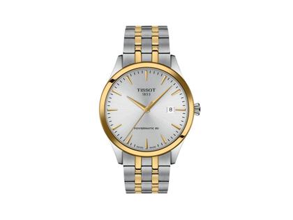 Tissot Classic Dream Automatik Edelstahl Gelbgold-PVD 40mm silbernes Zifferblatt Metallband – Herrenuhren Uhr mit Datum aus Edelstahl und PVD beschichtet. Das Gehäuse ist rund und silber. Das Edelstahlarmband ist silber-gelbgold. Das Zifferblatt ist ein Index in silber.