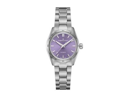 Damenuhren Uhr ohne Datum aus Edelstahl. Das Gehäuse ist rund und silber. Das Edelstahlarmband ist silber. Das Zifferblatt ist arabisch Index und lila.