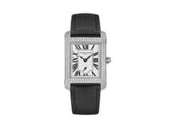 Frederique Constant Classics Carree Small Seconds Quarz Edelstahl mit Diamanten 36x25mm silbernes Zifferblatt schwarzes Lederband – Herrenuhren Uhr ohne Datum aus Edelstahl. Das Gehäuse ist rechteckig und silber. Das Lederarmband ist schwarz. Das Zifferblatt ist römisch und silber.