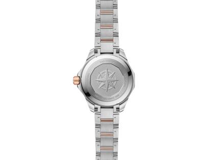 TAG Heuer Aquaracer Professional 200 Solargraph Quarz Edelstahl Roségold 34mm schwarzes Perlmutt-Zifferblatt mit Brillanten Metallband – Damenuhren Uhr mit Datum aus 750 Rotgold und Edelstahl. Das Gehäuse ist rund und silber-roségold. Das Edelstahlarmband mit Gold ist silber-roségold. Das Zifferblatt ist ein Index in schwarz. – Ansicht 3