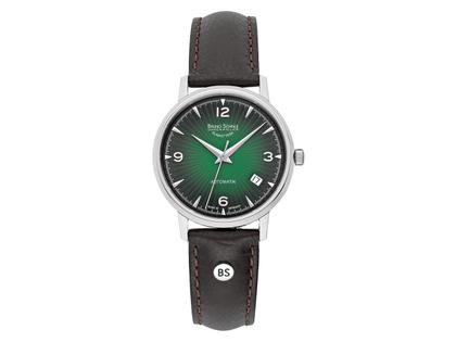Bruno Söhnle Glashütte Stuttgart II Small Automatik Edelstahl grünes Zifferblatt braunes Lederband – Damenuhren Uhr mit Datum aus Edelstahl. Das Gehäuse ist rund und silber. Das Lederarmband ist braun. Das Zifferblatt ist arabisch Index und grün.