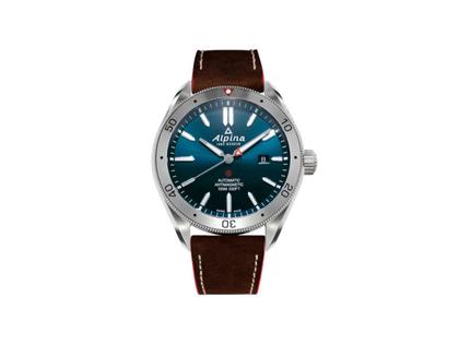 Alpina Alpiner4 Automatik Edelstahl 40mm blaues Zifferblatt braunes Lederband – Herrenuhren Uhr mit Datum aus Edelstahl und Leder. Das Gehäuse ist rund und silber. Das Lederarmband ist braun. Das Zifferblatt ist ein Index in blau.
