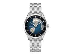 Hamilton Jazzmaster Open Heart Automatik Edelstahl 40mm dunkelblaues Zifferblatt Metallband – Herrenuhren Uhr ohne Datum aus Edelstahl. Das Gehäuse ist rund und silber. Das Edelstahlarmband ist silber. Das Zifferblatt ist ein Index in blau.
