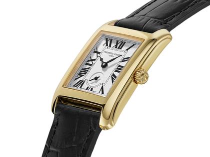 Frederique Constant Classics Carree Small Seconds Quarz Edelstahl Gelbgold-PVD 36x25mm weißes Zifferblatt schwarzes Lederband – Damenuhren Uhr mit Datum aus Edelstahl, Leder und PVD beschichtet. Das Gehäuse ist rechteckig und gelbgold. Das Lederarmband Kroko / Alligator ist schwarz. Das Zifferblatt ist römisch und weiß. – Ansicht 2