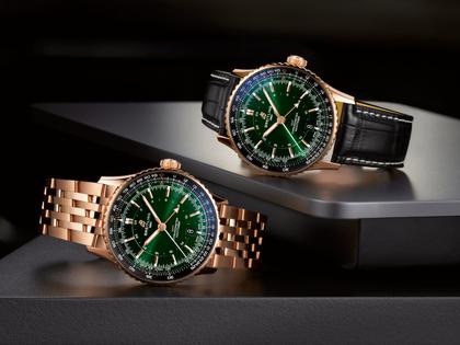 Breitling Navitimer Automatic GMT 41 Chronometer Rotgold grünes Zifferblatt schwarzes Lederband – Herrenuhren Uhr mit Datum aus 750 Rotgold. Das Gehäuse ist rund und rotgold. Das Lederarmband Kroko / Alligator ist schwarz. Das Zifferblatt ist ein Index in grün. – Ansicht 4