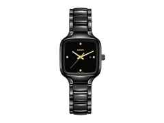 Rado True Square Quarz Keramik anthrazit Keramikband mit 4 Brillanten – Damenuhren Uhr mit Datum aus Keramik. Das Gehäuse ist quadratisch und grau. Das Keramikarmband ist grau. Das Zifferblatt ist ein Index in schwarz.