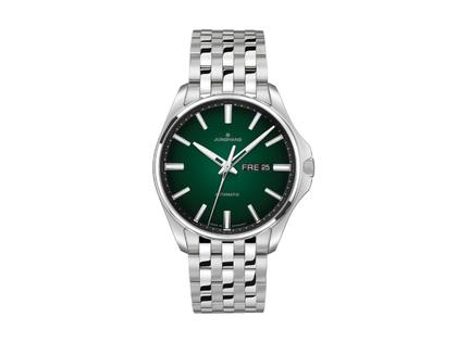 Junghans Meister S Automatic Edelstahl 40mm grünes Zifferblatt Metallband – Herrenuhren Uhr mit Datum aus Edelstahl. Das Gehäuse ist rund und silber. Das Edelstahlarmband ist silber. Das Zifferblatt ist ein Index in grün.