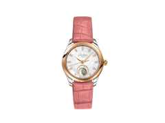 Glashütte Original Lady Serenade Luna Automatik Edelstahl 32,5mm weißes Zifferblatt pinkes Lederband – Damenuhren Uhr ohne Datum aus 750 Rotgold, Edelstahl und Leder. Das Gehäuse ist rund und silber. Das Lederarmband Kroko / Alligator ist rosa. Das Zifferblatt ist ein Index in weiß.