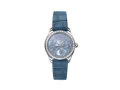 Glashütte Original Lady Serenade Luna Automatik Edelstahl 32,5mm blaues Perlmutt-Zifferblatt blaues Lederband – Damenuhren Uhr ohne Datum aus 750 Weißgold, Edelstahl und Leder. Das Gehäuse ist rund und silber. Das Lederarmband Kroko / Alligator ist blau. Das Zifferblatt ist ein Index in blau.