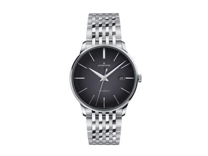 Junghans Meister Automatic Edelstahl 40mm graues Zifferblatt Metallband – Herrenuhren Uhr mit Datum aus Edelstahl. Das Gehäuse ist rund und silber. Das Edelstahlarmband ist silber. Das Zifferblatt ist ein Index in grau.