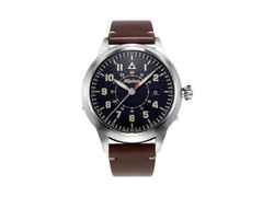 Alpina Startimer Pilot Heritage Automatik Edelstahl 44mm schwarzes Zifferblatt braunes Lederband limitiert – Herrenuhren Uhr mit Datum aus Edelstahl und Leder. Das Gehäuse ist rund und silber. Das Lederarmband ist braun. Das Zifferblatt ist arabisch und schwarz.
