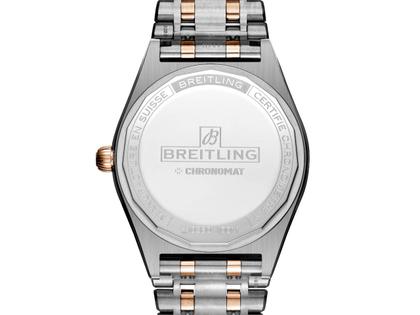 Breitling Chronomat Automatic 36 South Sea Edelstahl grünes Zifferblatt mit Brillanten und bunten Saphiren Metallband – Damenuhren Uhr mit Datum aus 750 Rotgold und Edelstahl. Das Gehäuse ist rund und silber. Das Edelstahlarmband mit Gold ist silber. Das Zifferblatt ist ein Index in grün. – Ansicht 2