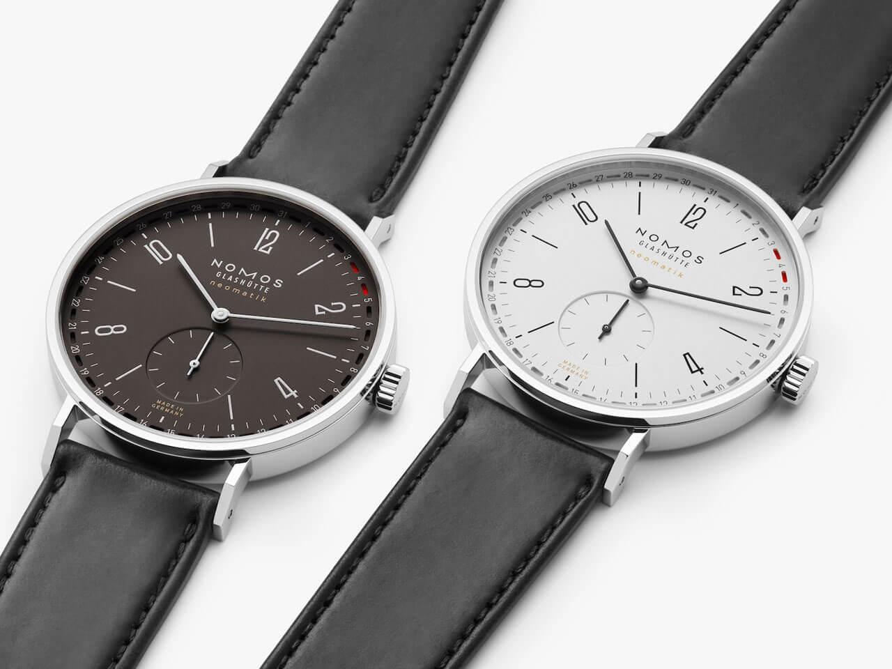 Nomos Glashütte Tangente 41 neomatik Update Ruthenium Automatik Edelstahl 40mm schwarzes Zifferblatt schwarzes Lederband – Herrenuhren Uhr mit Datum aus Edelstahl. Das Gehäuse ist rund und silber. Das Lederarmband ist schwarz. Das Zifferblatt ist arabisch Index und grau. – Ansicht 5