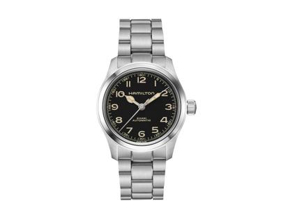 Herrenuhren Uhr ohne Datum aus Edelstahl und Leder. Das Gehäuse ist rund und silber. Das Edelstahlarmband ist silber. Das Zifferblatt ist arabisch und schwarz.