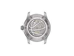 Tissot Seastar Wilson WNBA Automatik Edelstahl 40mm schwarzes Zifferblatt orangefarbenes Lederband – Herrenuhren Uhr mit Datum aus Edelstahl. Das Gehäuse ist rund und silber. Das Lederarmband ist orange. Das Zifferblatt ist ein Index in schwarz. – Ansicht 4