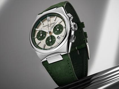 Frederique Constant Highlife Chronograph Automatic Edelstahl 41mm weiß-grünes Zifferblatt grünes Lederband limitiert – Herrenuhren Chronograph aus Edelstahl und Leder. Das Gehäuse ist rund und silber. Das Lederarmband ist grün. Das Zifferblatt ist ein Index in weiß. – Ansicht 6
